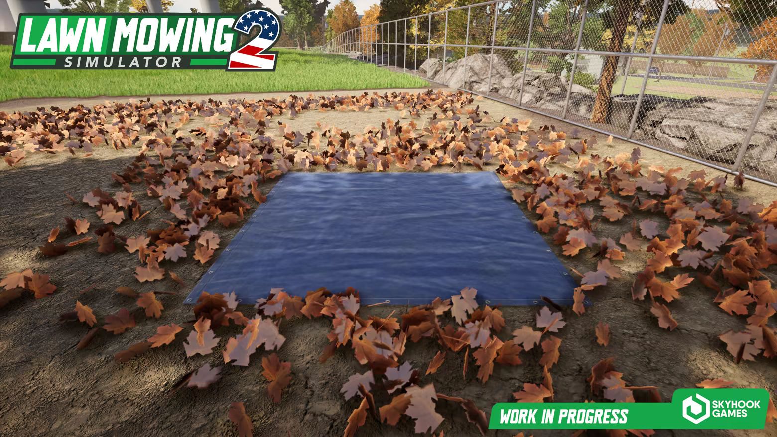 Official work-in-progress LMS2 view of a tarp surrounded by leaves